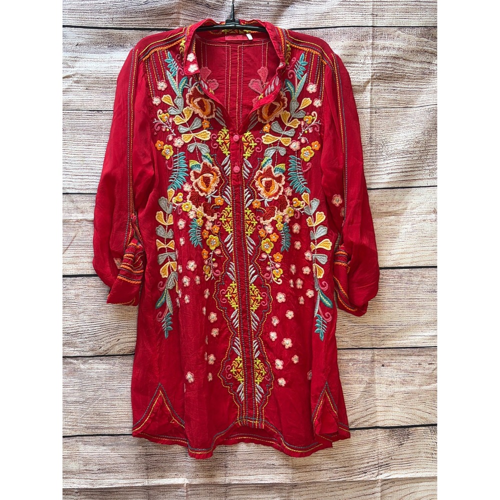 Johnny Was Red Floral Embroidered Cupra Rayon Tunic Top Boho Roll Tab Sleeve S